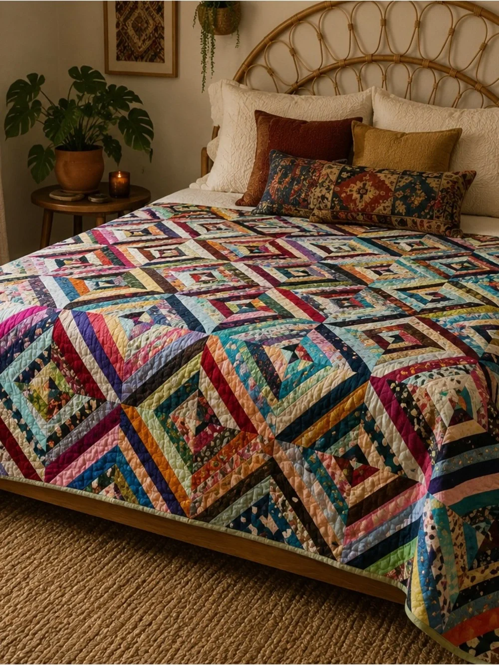 Vintage Handmade Satin String Quilt 62x96 Boho Patchwork Bed Throw